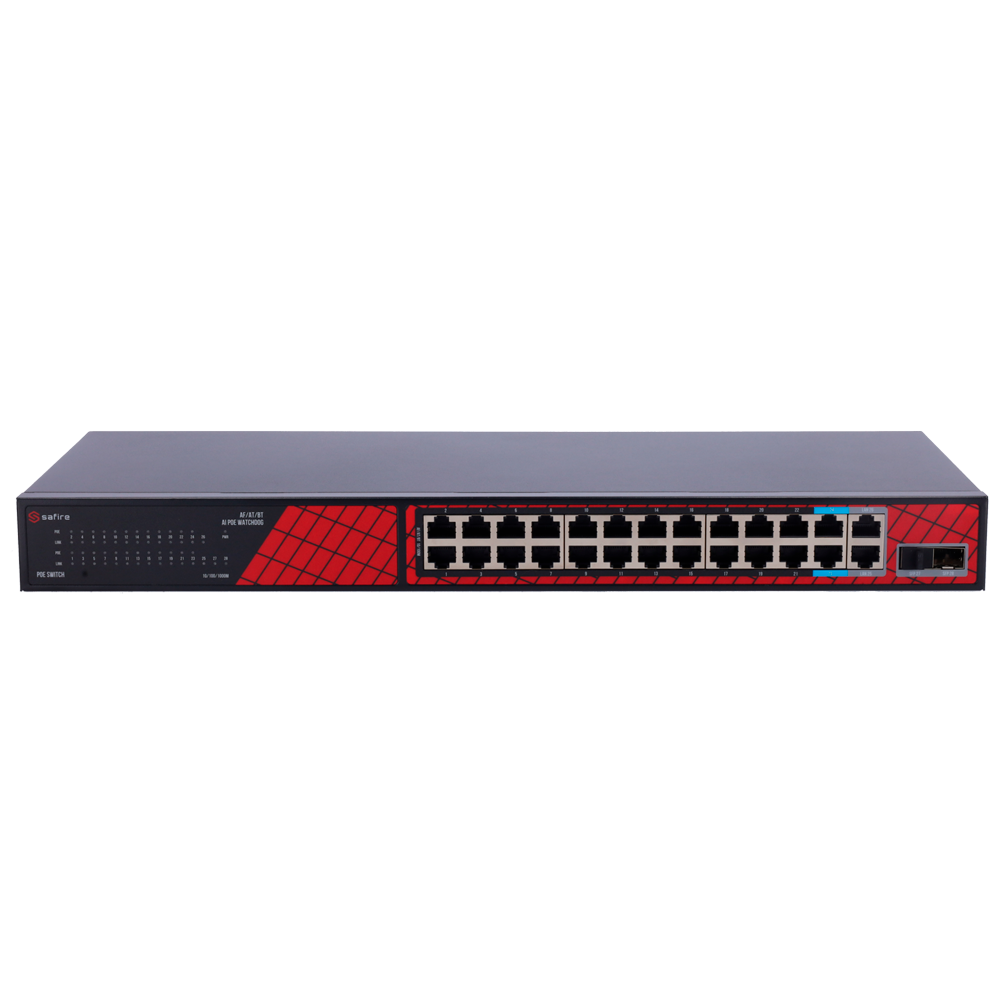 Safire PoE Switch 300W, 22x 30W PoE & 2x 60W HiPoE & 2x Gigabit Uplink & 2x SFP, WatchDog