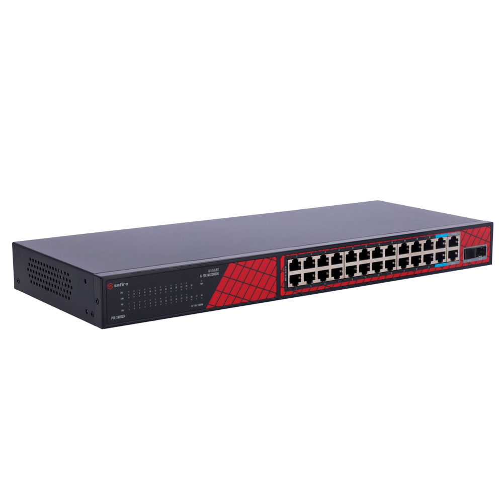Safire PoE Switch 300W, 22x 30W PoE & 2x 60W HiPoE & 2x Gigabit Uplink & 2x SFP, WatchDog