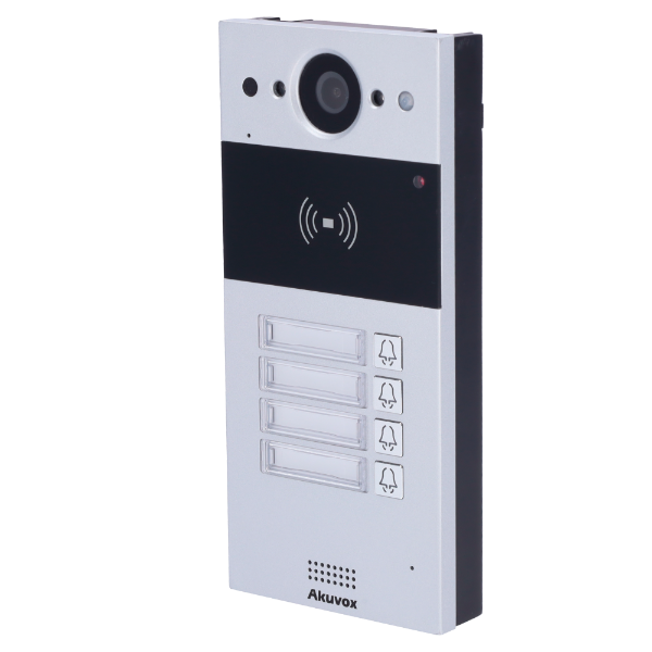 Akuvox dørstation med 4 knapper, PoE, Cloud, EM/MF and NFC, 2x relæ