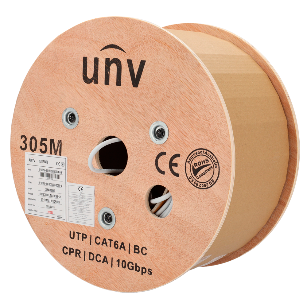CAT6A U/UTP, cat 6A, 23AWG, LSZH, 100% Cu, Dca, CE, 305m, Hvid, Tromle