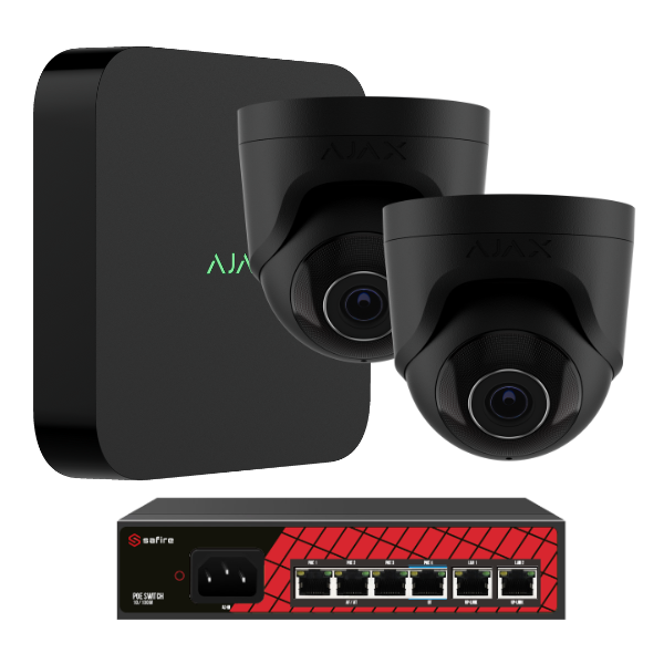 Ajax videopakke, 2 stk TurretCam Sort, 5MP, 8 kanals NVR, 1Tb, PoE switch