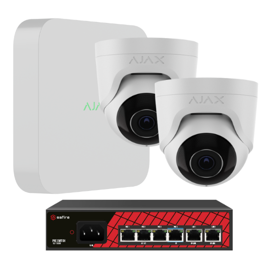 Ajax videopakke, 2 stk TurretCam Hvid, 5MP, 8 kanals NVR, 1Tb, PoE switch