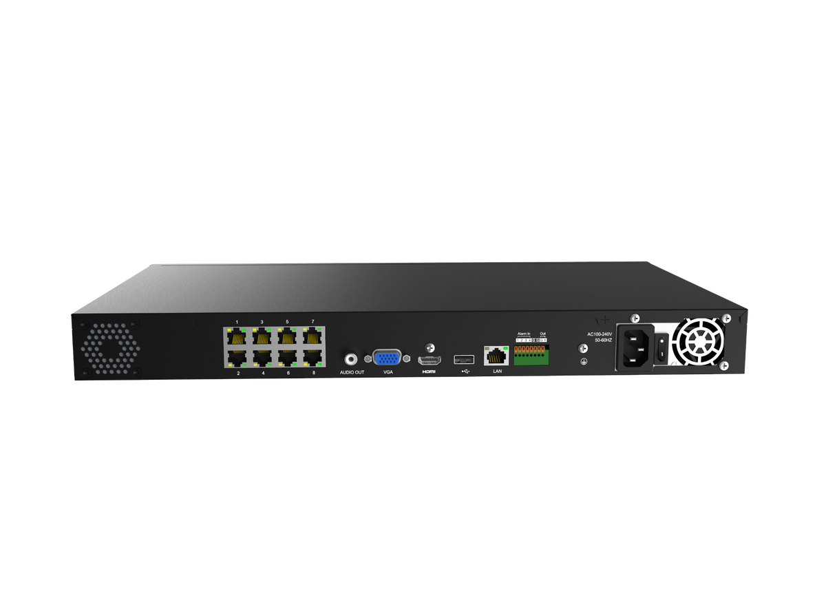 MS-N5008-UPC Milesight NVR, 8 kanaler, 8 x PoE, 1 x LAN, 80mbit, 2 x HDD , I/O.