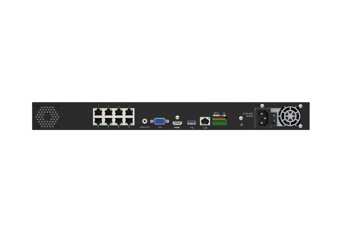 MS-N5008-UPC Milesight NVR, 8 kanaler, 8 x PoE, 1 x LAN, 80mbit, 2 x HDD , I/O.