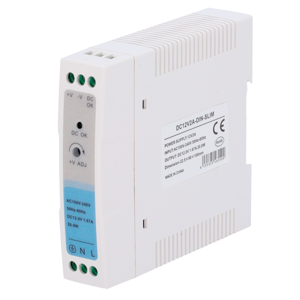 Strømforsyning til DIN skinne montage. 12V 2A, slim design