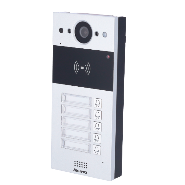 Akuvox dørstation med 5 knapper, PoE, Cloud, EM/MF and NFC, 2x relæ