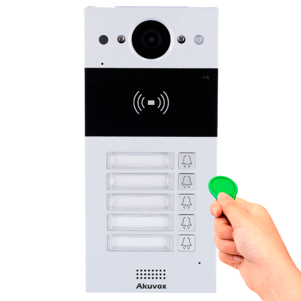Akuvox dørstation med 5 knapper, PoE, Cloud, EM/MF and NFC, 2x relæ