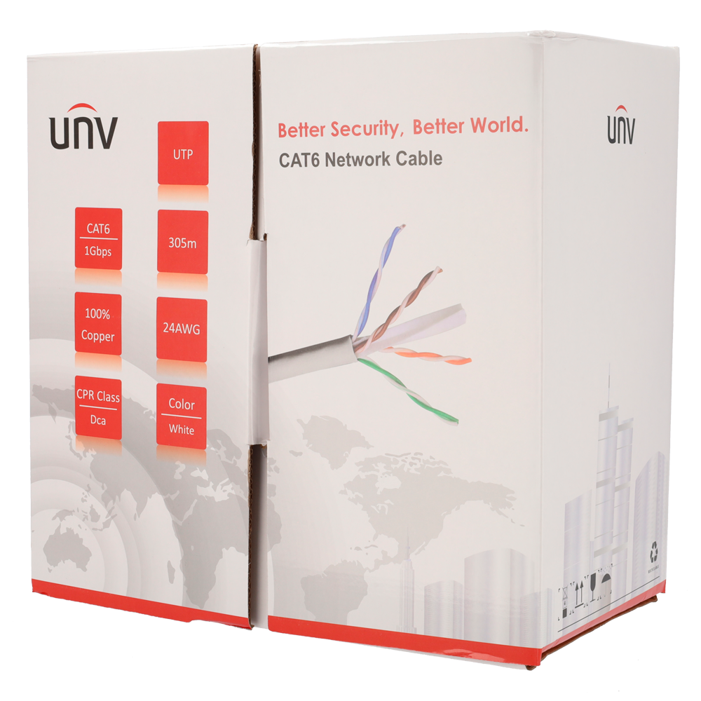 CAT6E U/UTP, cat 6, 24AWG, LSZH, 100% Cu, Eca, CE, 305m, Hvid
