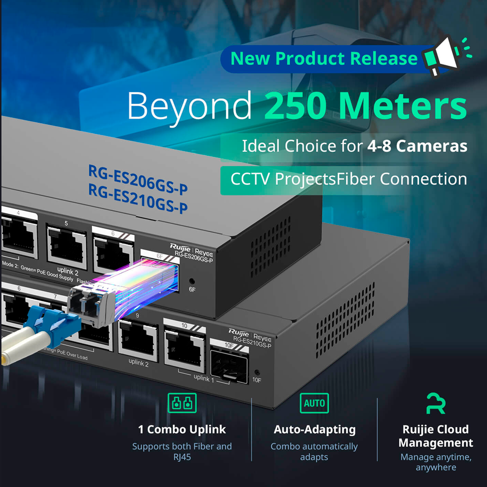 Reyee PoE 8 +2xRJ45 link og 1xSFP Link Switch med cloud, 120W PoE, 10/100/1000